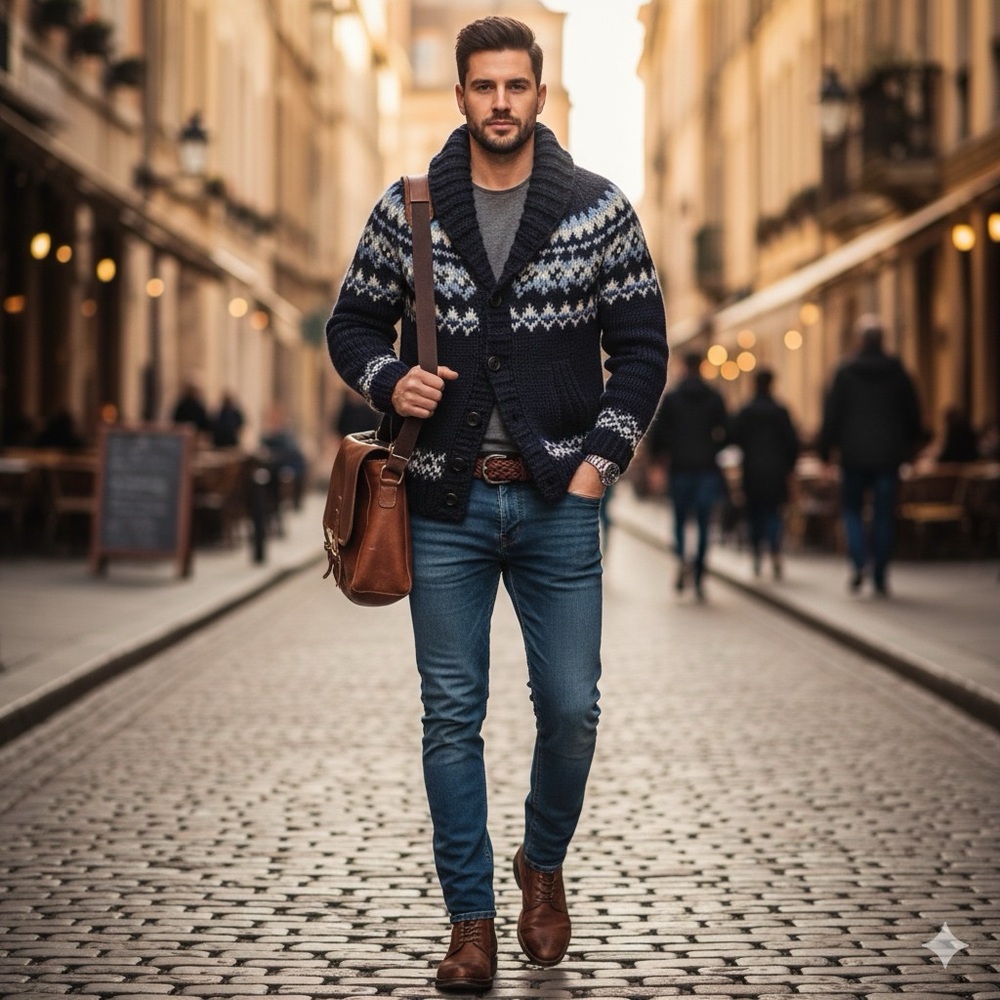 GAP Men's Dark Blue Geometric Cardigan